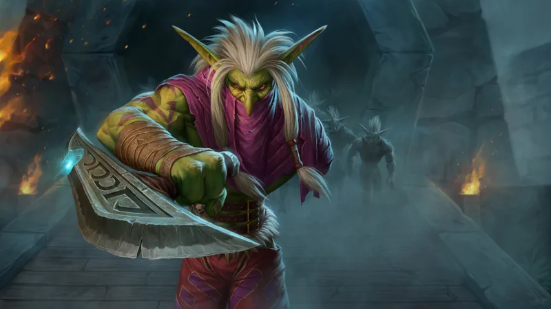 Der Trollkriegsfürst Zul'jin mit Gleve in einem dunklen Torgang, hinter ihm weitere Amanitrolle im Nebel