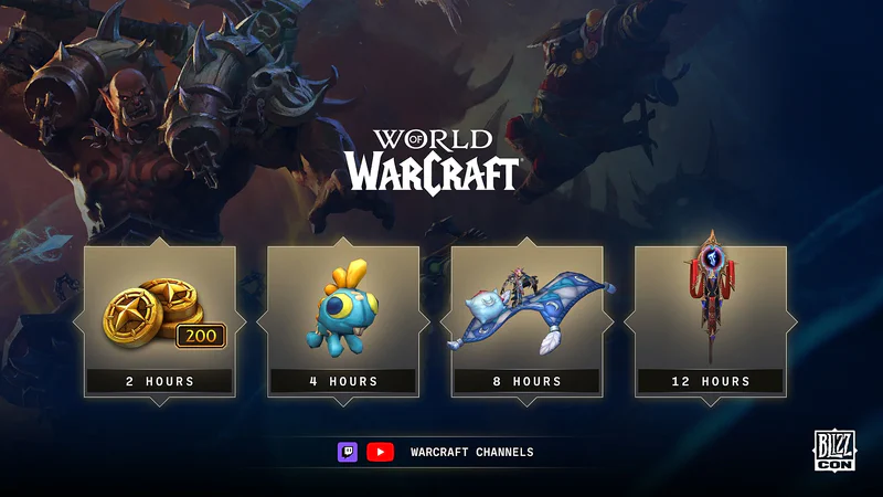 Zuschauer-Belohnungen zur BlizzCon 2026: fliegende Decke, blauer Grrgle, Banner und Händlerdevisen