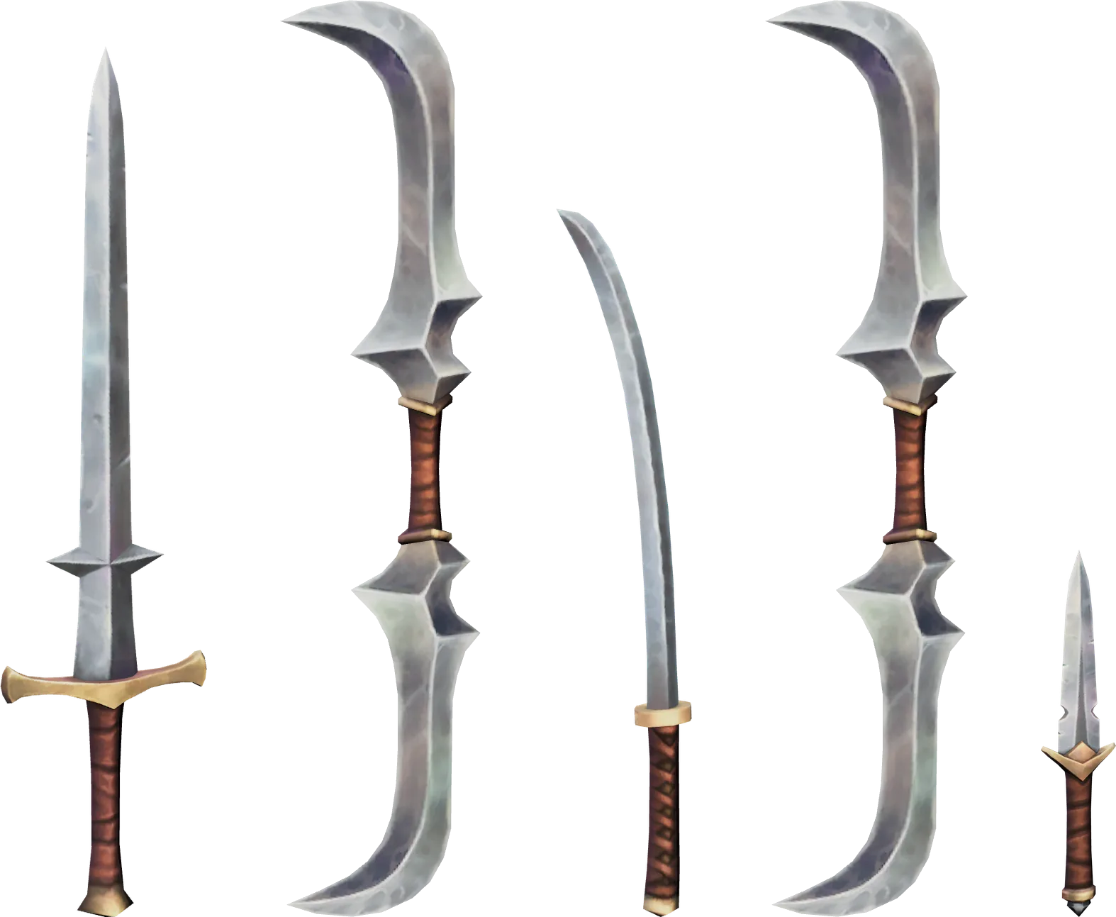 Zweihänder des Kreuzfahrers, Trainingsgleve des Initianden, Katana des Klosters, Hexerklinge des Schattenjägers und Gekerbte Diebesklinge in Silber
