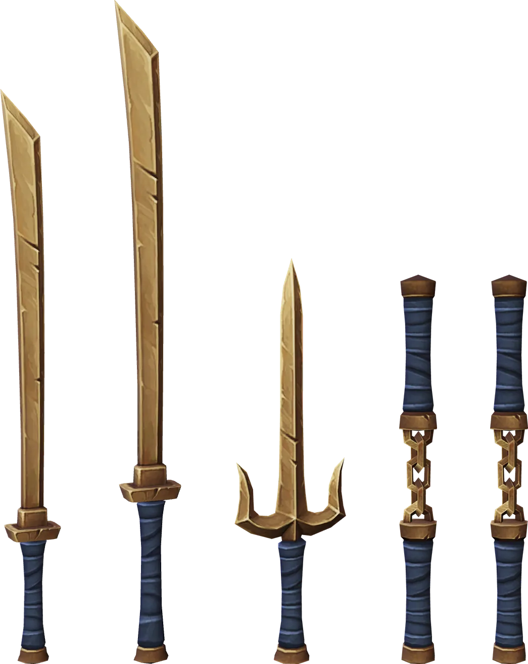 Kunstfertiges Katana, großes kunstfertiges Katana, Sai und zwei Nunchakus mit Holzgriffen und blauer Wicklung