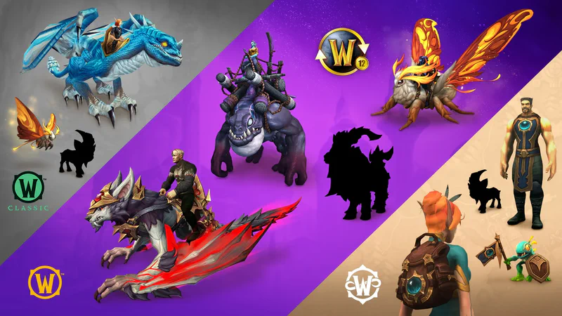 Collage der Abo-Boni auf drei Farbflächen: ein hellblauer Drache für Classic, ein geflügelter Wolf und ein bepacktes Ungetüm für das moderne WoW, ein Rucksack, ein Wappenrock und ein Murloc-Haustier für WoW Forever, dazu schwarze Silhouetten noch unbekannter Boni