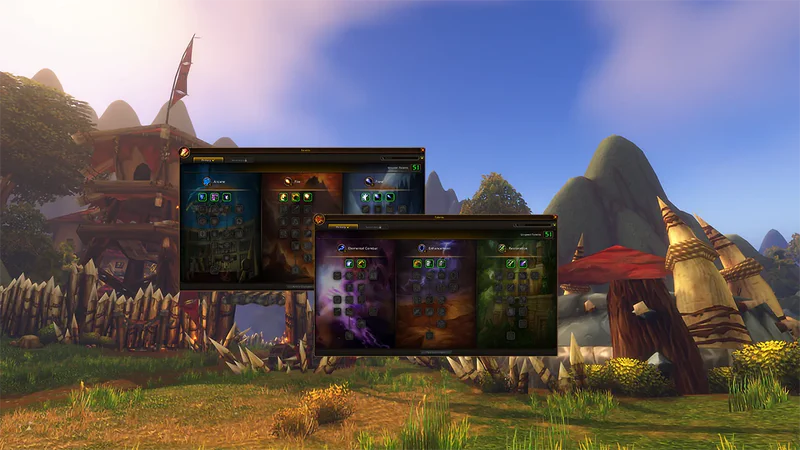 Talentfenster von Magier und Schamane in WoW Forever mit je drei Talentbäumen vor einem Hordenposten mit Holzpalisaden