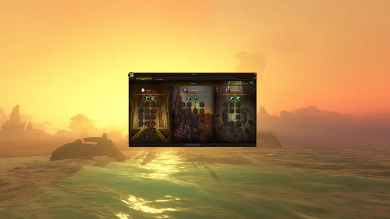 Talentfenster des Paladins in WoW Forever mit den Bäumen Heilig, Schutz und Vergeltung vor einem Meer im Abendlicht mit Felsen und einem Wrack