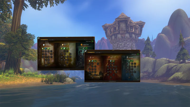 Talentfenster von Priester und Krieger in WoW Forever mit je drei Talentbäumen vor einem steinernen Wachturm an einem Fluss
