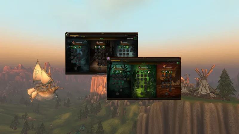 Talentfenster von Schurke und Hexenmeister in WoW Forever mit je drei Talentbäumen vor einer Hochebene mit Luftschiff und Zelten