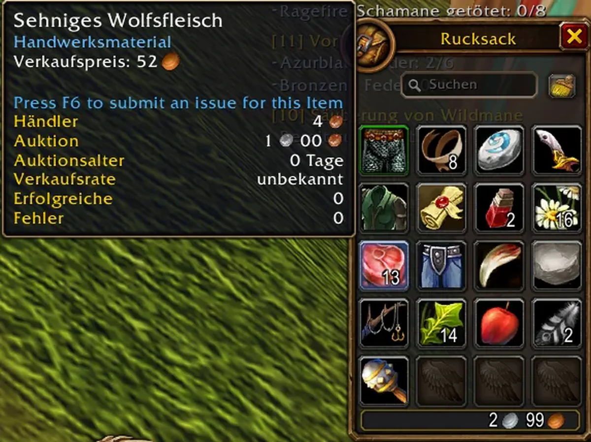 Tooltip von Sehniges Wolfsfleisch mit Händlerpreis 4 Kupfer und Auktionspreis 1 Silber von Auctionator sowie Auktionsalter, Verkaufsrate, Erfolgreiche und Fehler von Journalator
