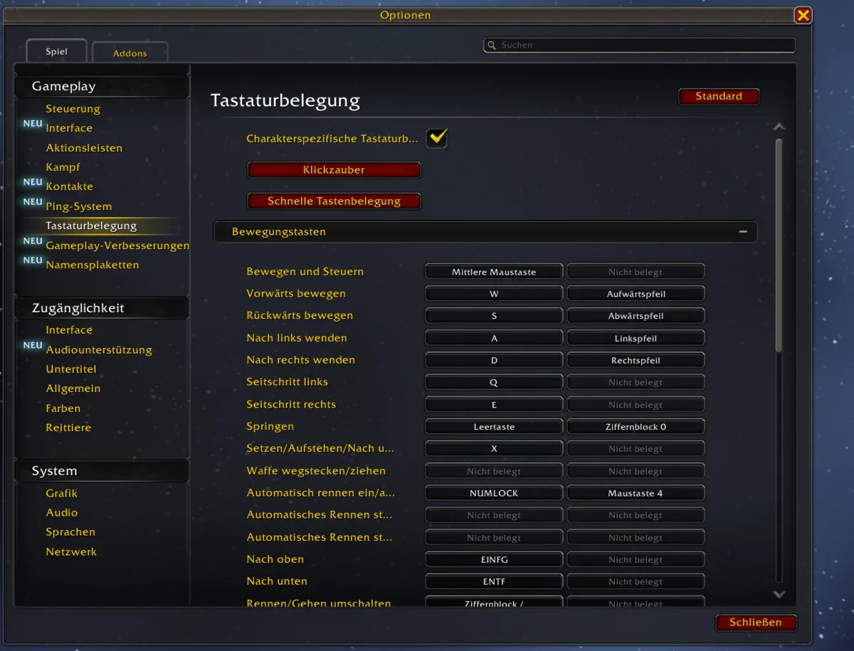 Bewegungstasten im Menü Tastaturbelegung von WoW