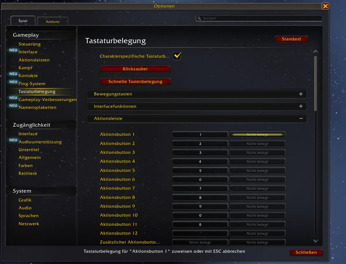 Menü Tastaturbelegung in WoW, Aktionsbutton 1 wartet auf eine neue Taste